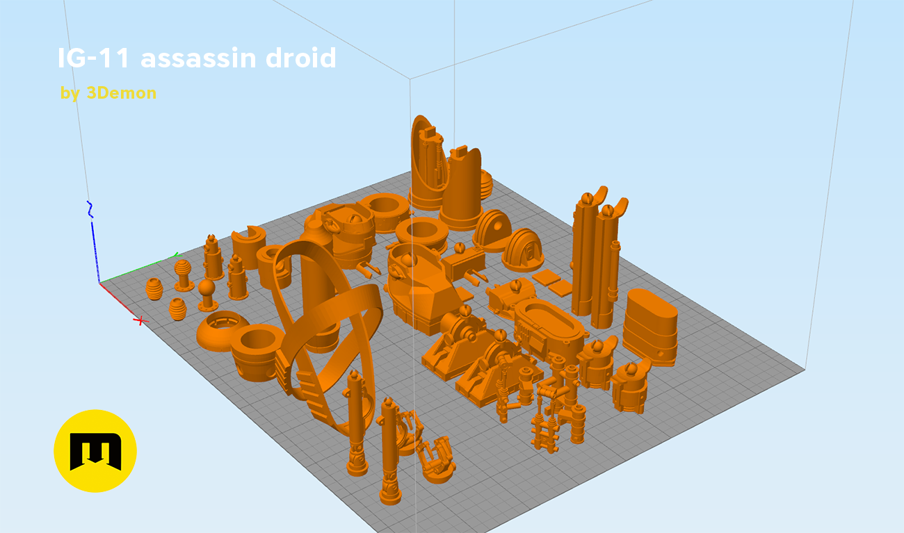 Color-coded parts breakdown of Assassin droid IG-11, exploded view, 3D print cosplay prop
