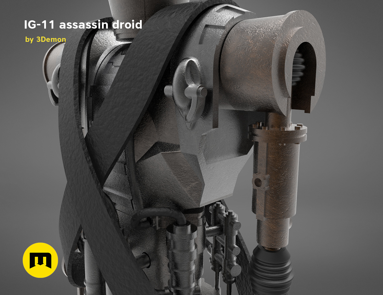Digital 3D render of Assassin droid IG-11 - Mandalorian STL, side view with weapon arm detail, 3D print cosplay prop