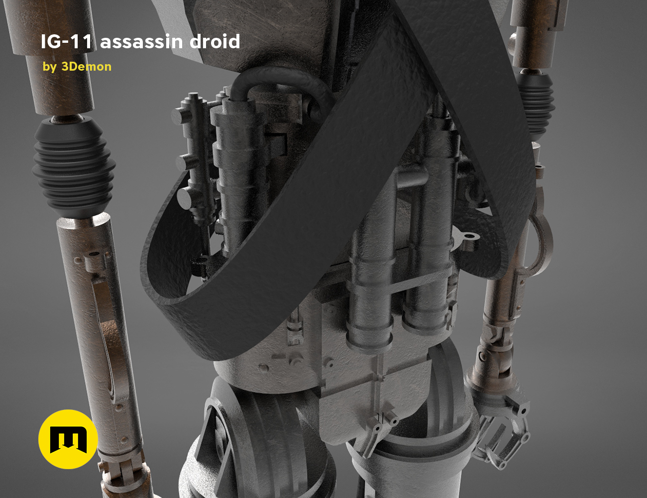 3D visualization of Assassin droid IG-11 - Mandalorian, detailed 3D printed cosplay prop close-up.