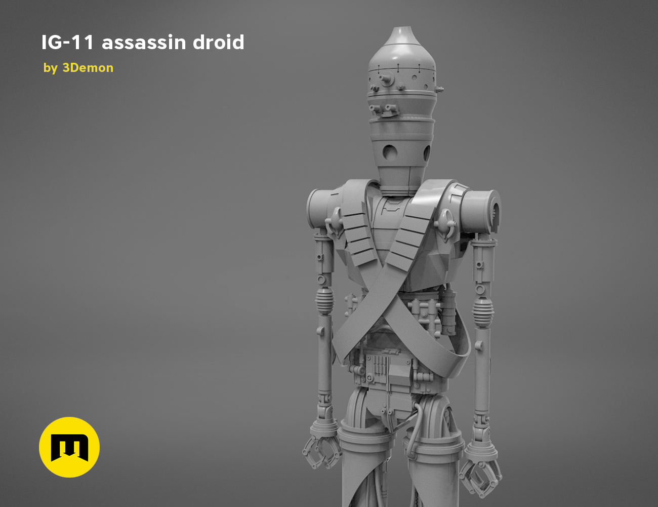CGI render of Assassin droid IG-11 - Mandalorian STL, grey 3D print cosplay prop, rear view.