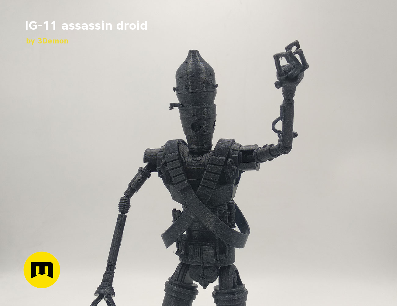 Painted 3D render of Assassin droid IG-11 - Mandalorian, black 3D printed cosplay prop, gripping blaster