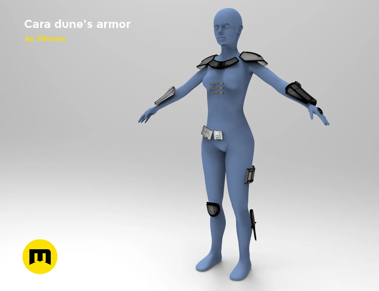 Painted 3D render of Cara Dune's armor, futuristic cosplay prop with shoulder guards and forearm weapons.