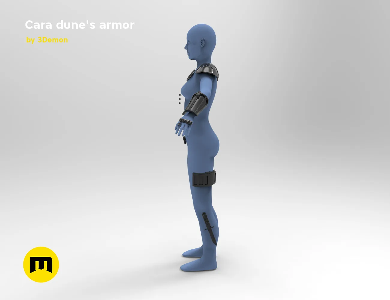 Painted 3D render of Cara Dune’s armor STL, futuristic blue cosplay prop, 3D printed.