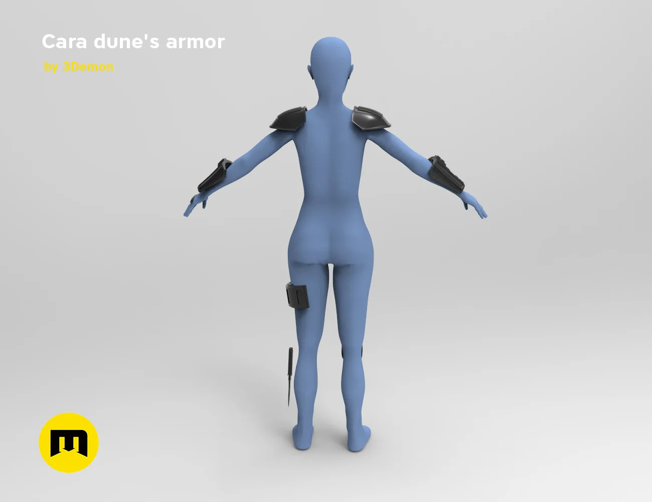 Printable 3D model of Cara Dune's armor, blue 3D print cosplay prop, rear view.