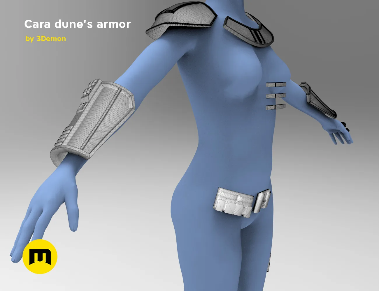 Rendered 3D model of Cara Dune’s armor STL, futuristic cosplay prop with shoulder pauldron, forearm guard, and hip de...