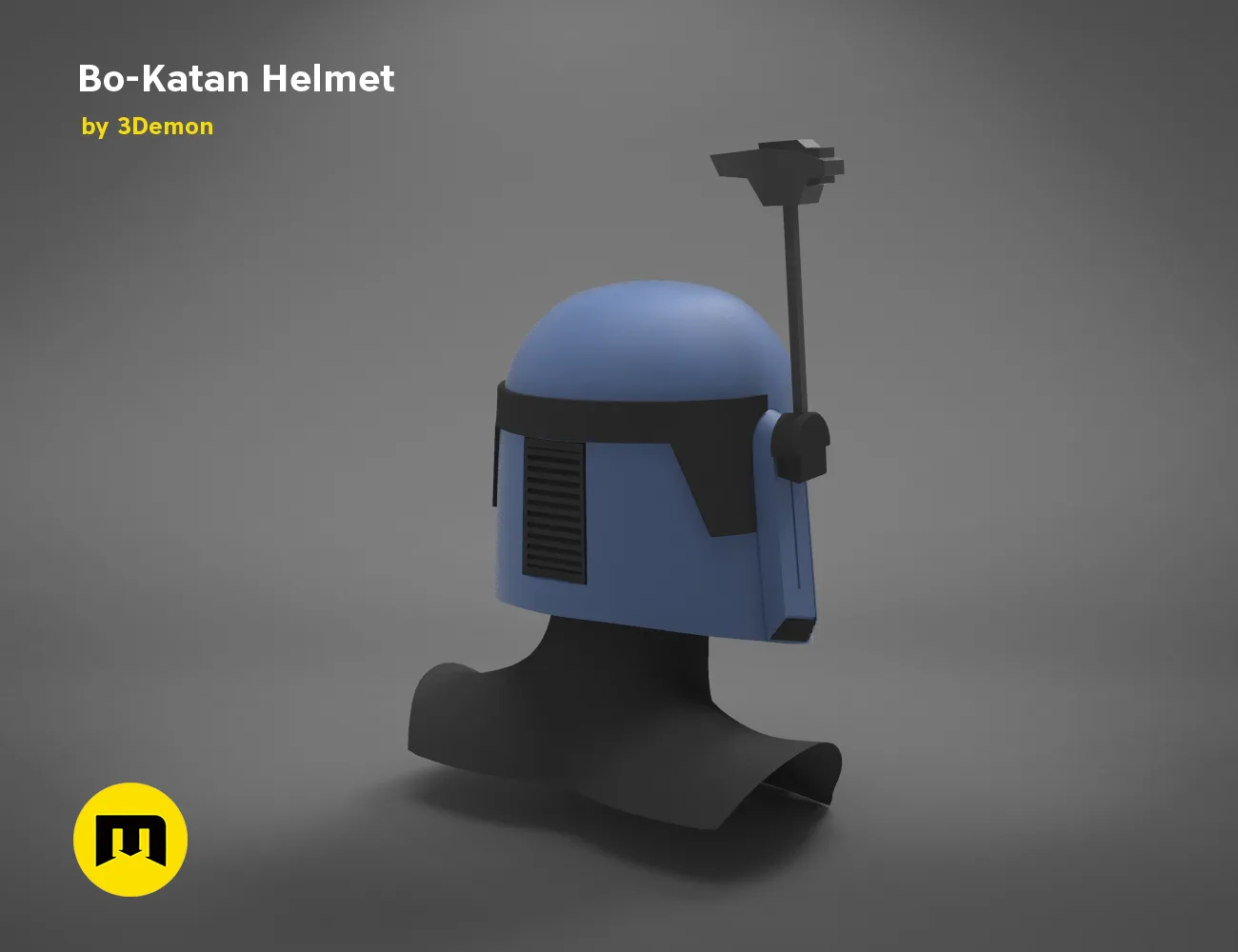 3D model of Bo-Katan Helmet - Star Wars, blue textured 3D print cosplay prop, side view.
