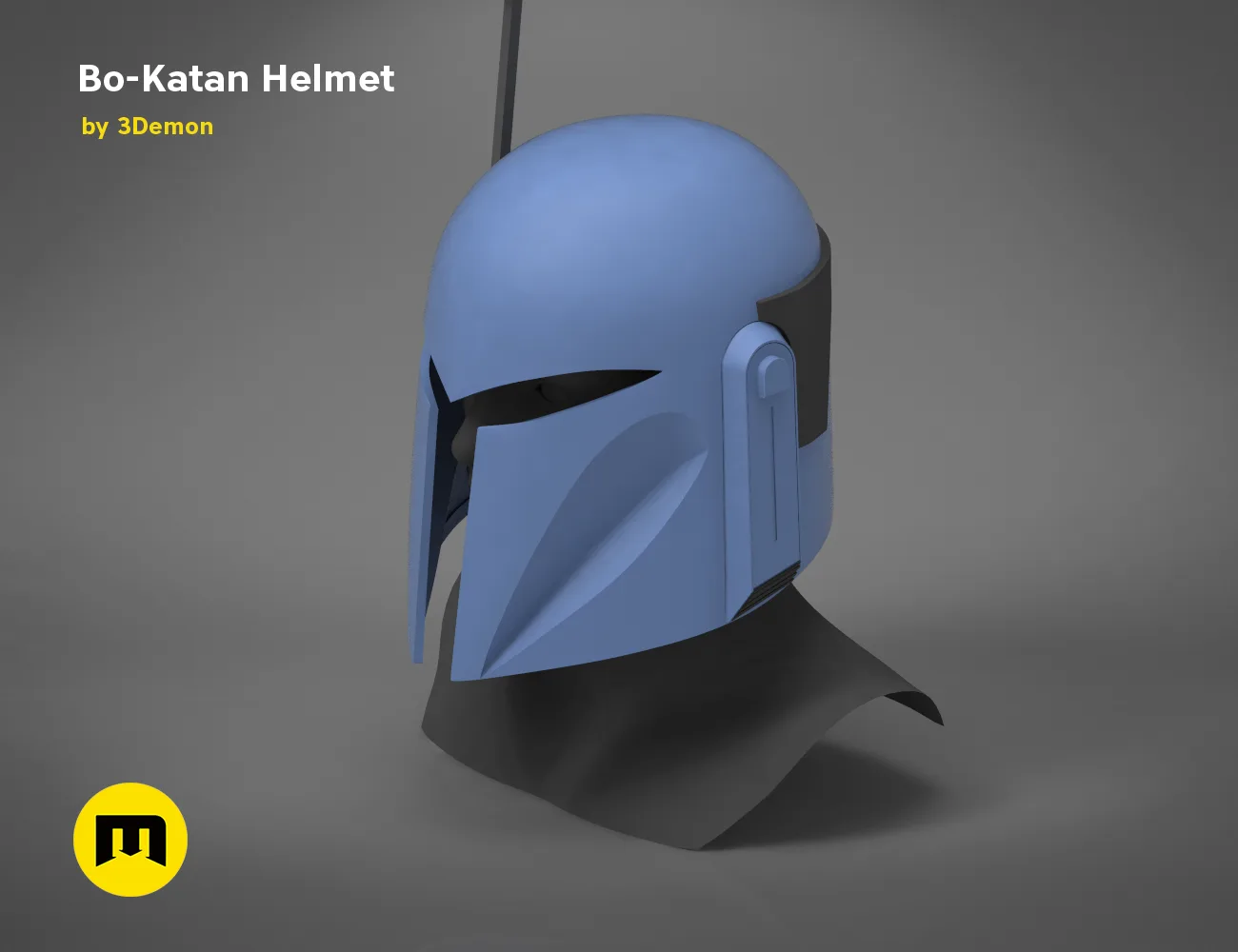 3D model render of Bo-Katan Helmet - Star Wars, blue 3D printed cosplay prop, side view.