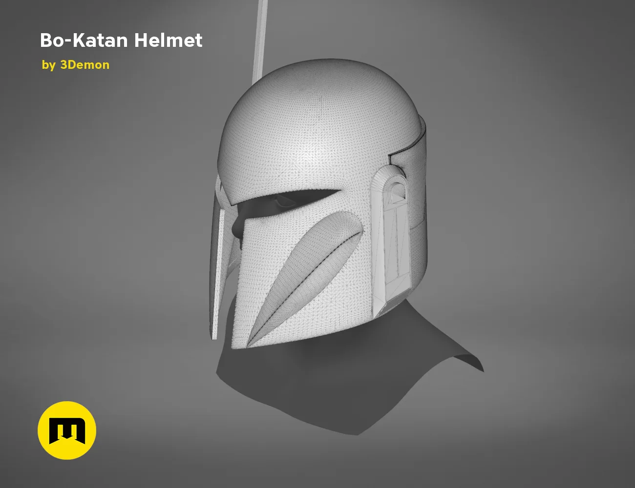 3D model render of Bo-Katan Helmet - Star Wars, grey mesh side view, 3D print cosplay prop