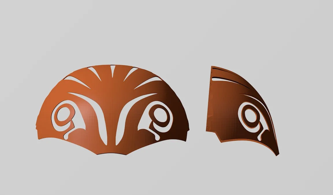 3D model render of Bo-Katan Helmet - Starwars, dual-toned 3D print cosplay prop, split view