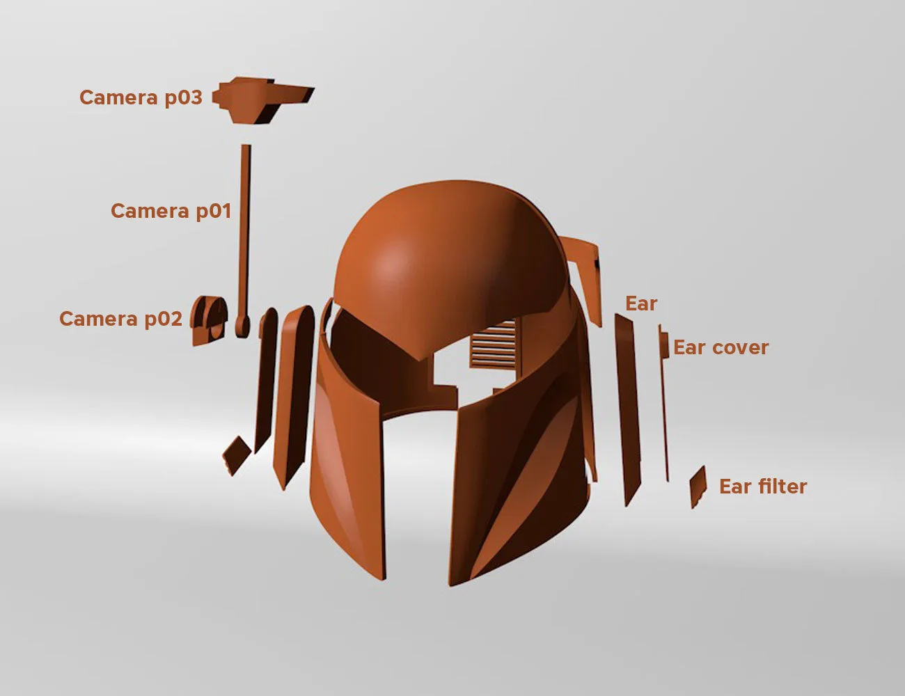 3D visualization of Bo-Katan Helmet - Starwars, exploded view cosplay prop with cameras, ear parts, 3D print.