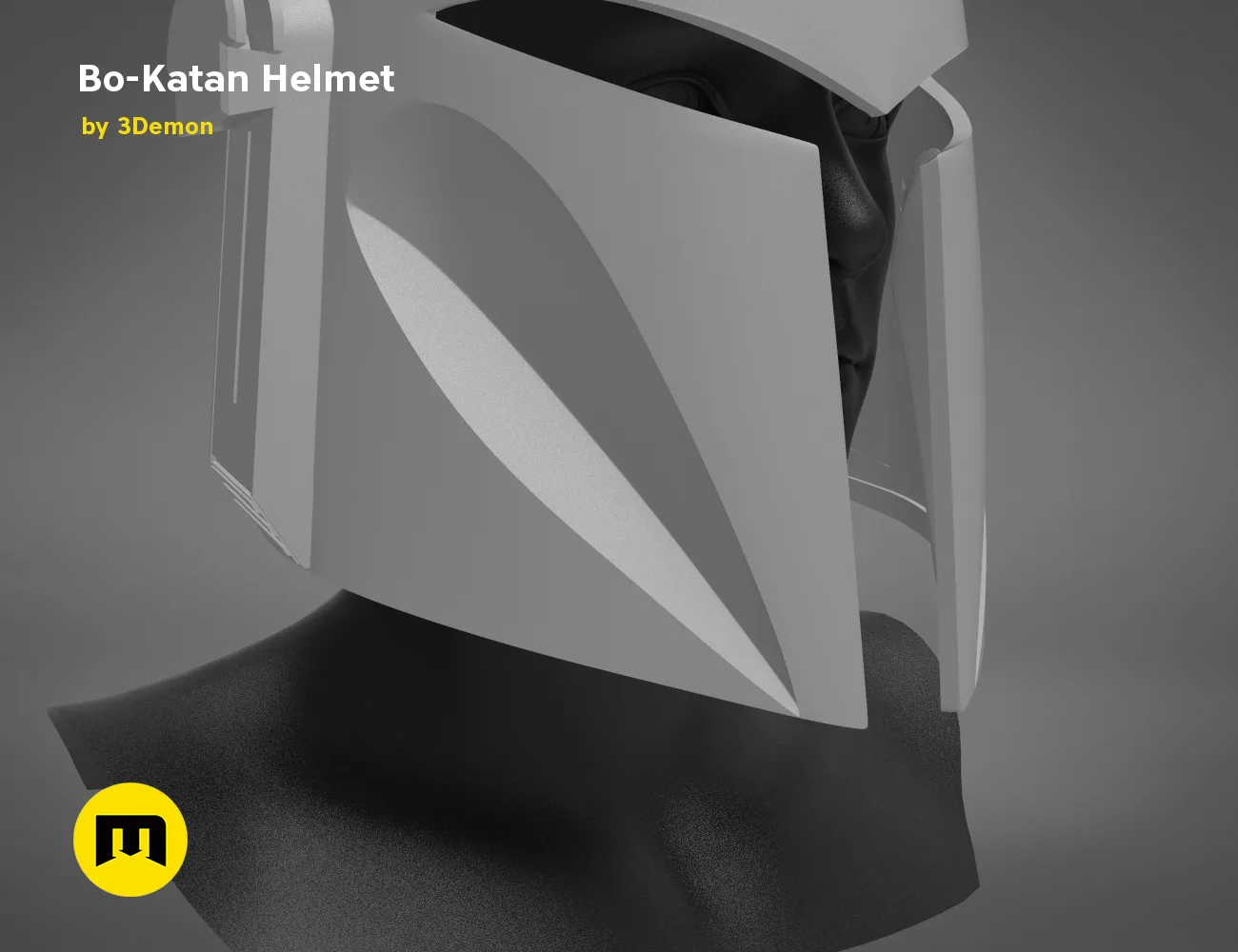 3D visualization of Bo-Katan Helmet - Starwars, sleek white 3D render cosplay prop, side view