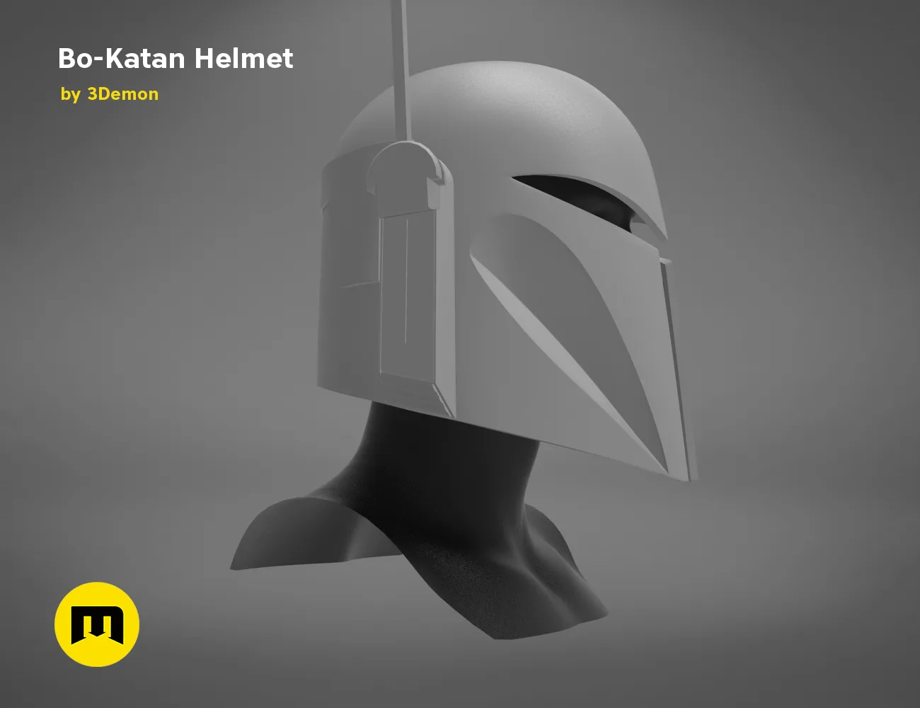 CAD render of Bo-Katan Helmet - Starwars, sleek silver 3D print cosplay prop, side view