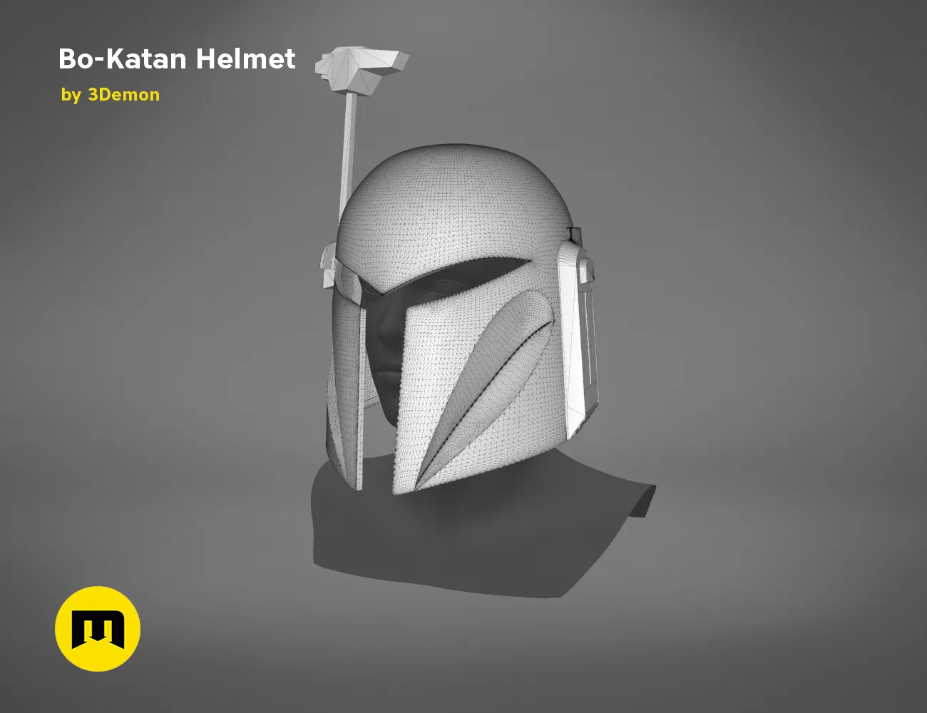 CGI render of Bo-Katan Helmet - Star Wars, grey mesh 3D print cosplay prop, side view