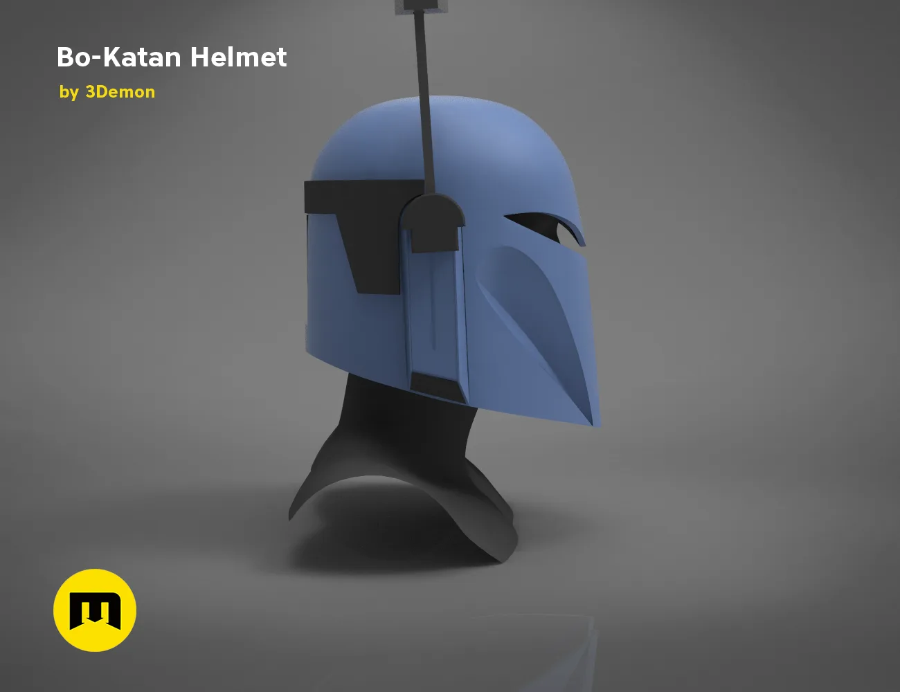 CGI render of Bo-Katan Helmet - Starwars, blue 3D printed cosplay prop, front view