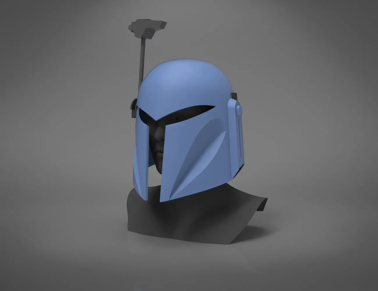 Digital 3D render of Bo-Katan Helmet - Star Wars, blue 3D print cosplay prop, side view.