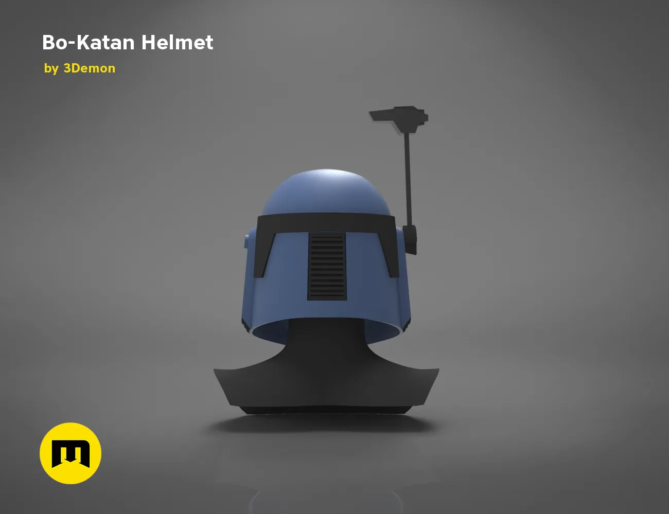 Digital 3D render of Bo-Katan Helmet - Starwars, blue cosplay prop with black accents, 3D printed.