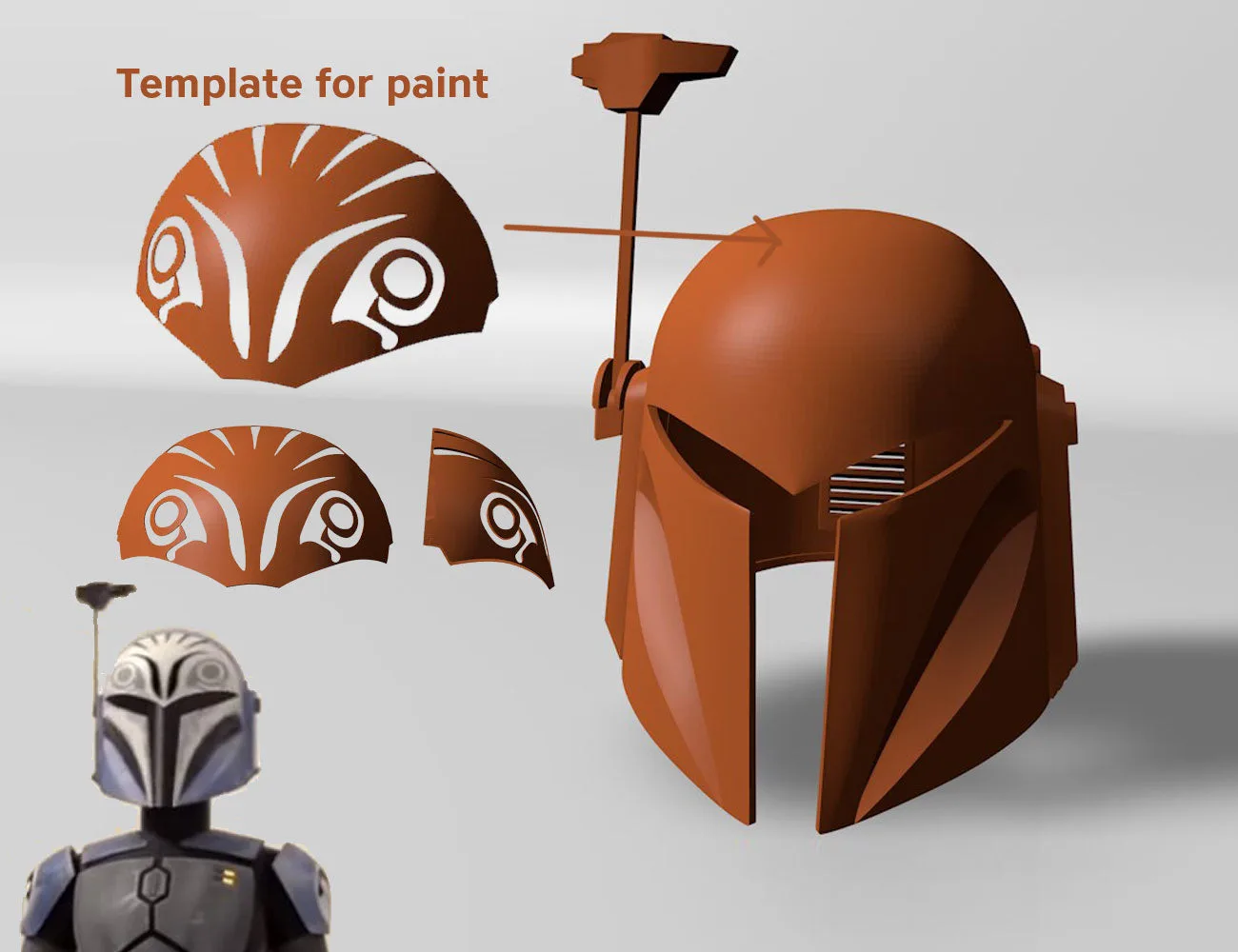 Painted 3D render of Bo-Katan Helmet - Starwars, exploded view with orange cosplay prop parts.