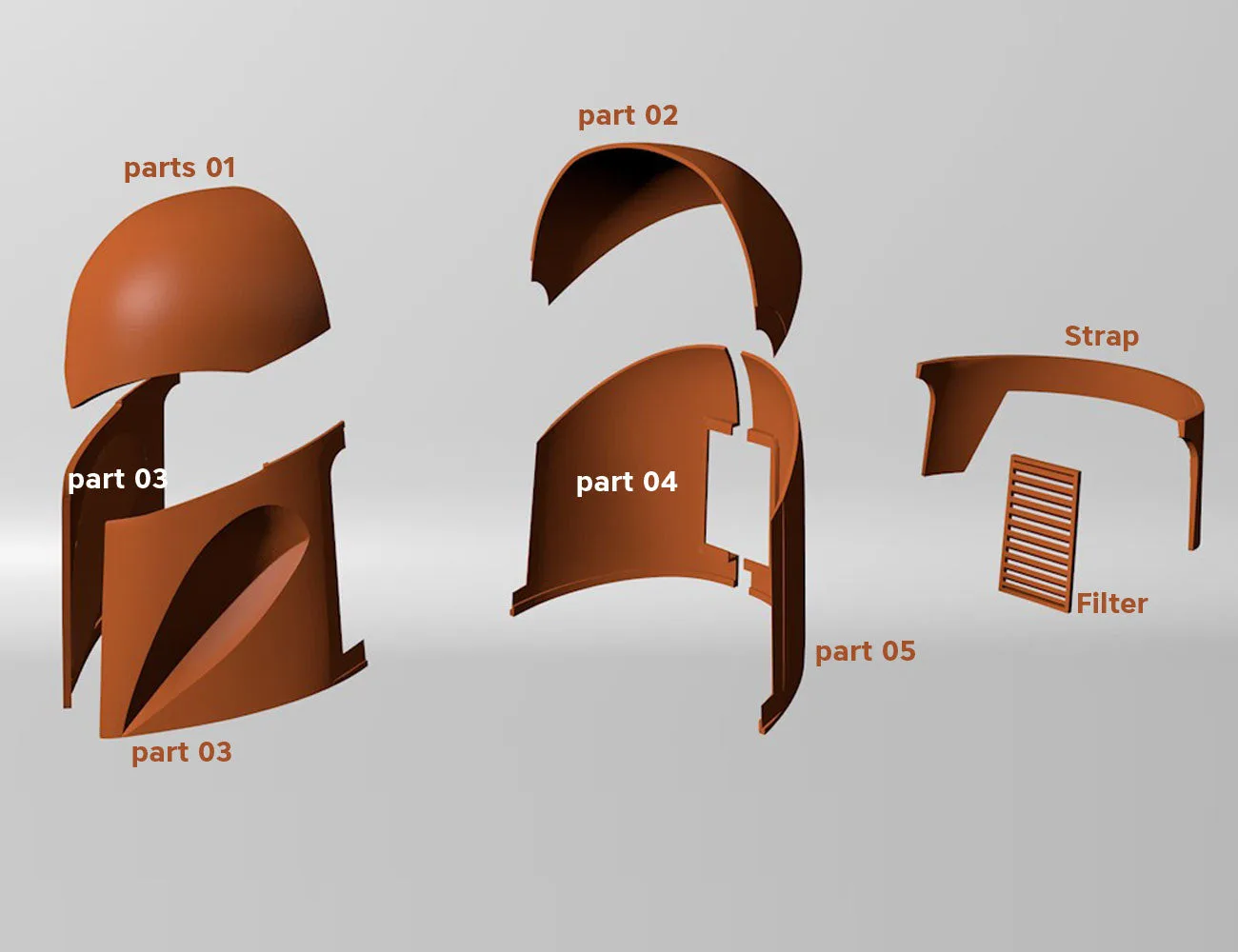 Bo-Katan Helmet - Starwars STL, exploded view of 5-part cosplay prop assembly