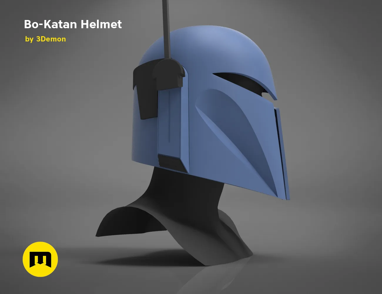 Rendered 3D model of Bo-Katan Helmet - Starwars, blue metallic cosplay prop, side view 3D print