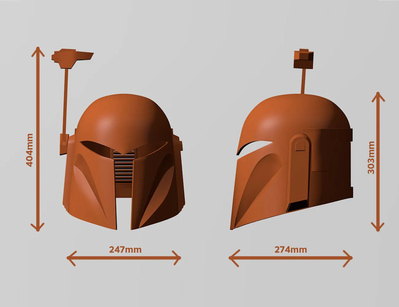 Rendered 3D model of Bo-Katan Helmet - Starwars, front/side 3D print cosplay prop with dimensions.