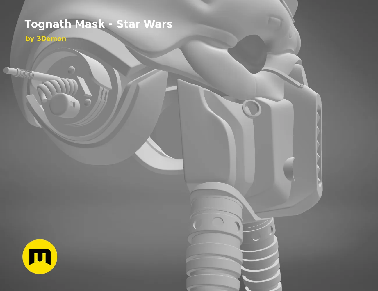 Tognath Mask - Star Wars STL, grey 3D render cosplay prop, detailed jaw mechanism