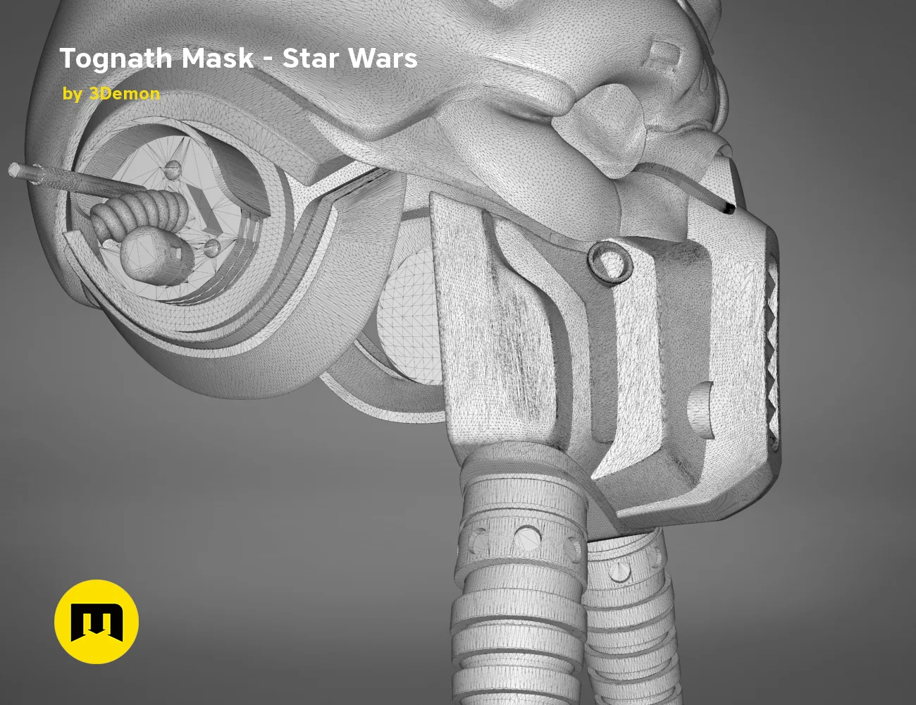 Wireframe mesh render of Tognath Mask - Star Wars STL, side view with mechanical jaw detail, 3D print cosplay prop