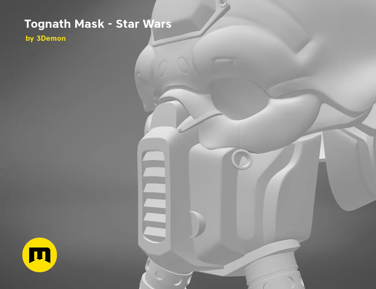 CGI render of Tognath Mask - Star Wars, detailed gray 3D print cosplay prop, side view