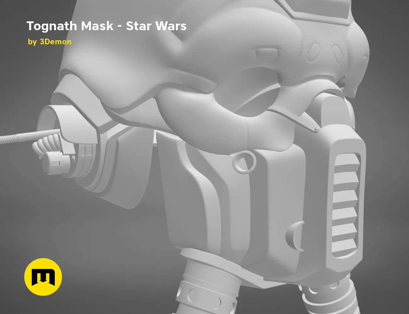 Digital 3D render of Tognath Mask - Star Wars, grey 3D print cosplay prop, side view.