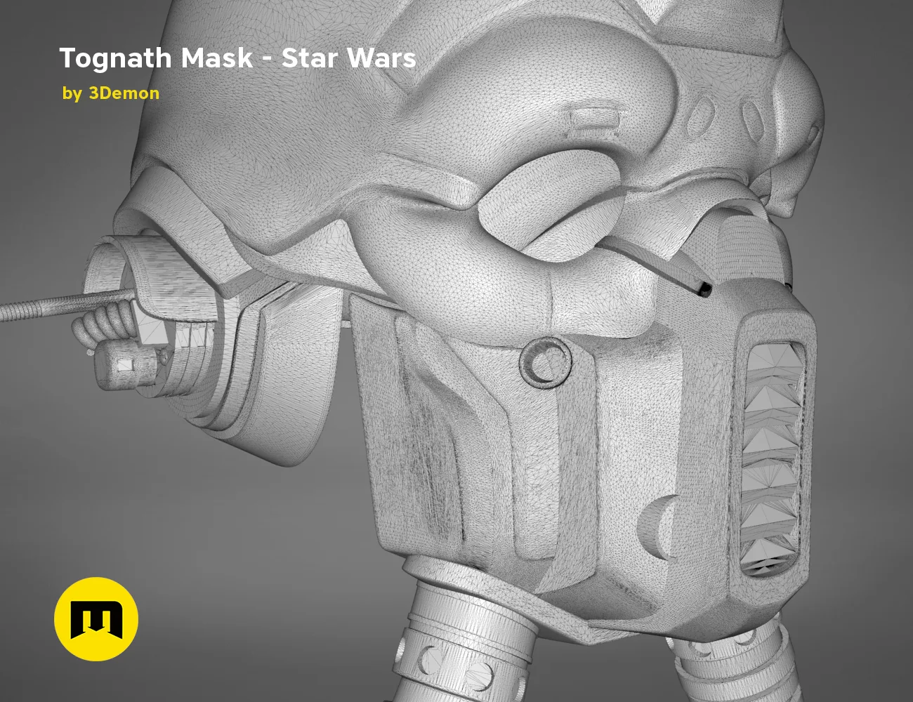 Wireframe mesh render of Tognath Mask - Star Wars STL, side polygon structure, 3D print cosplay prop