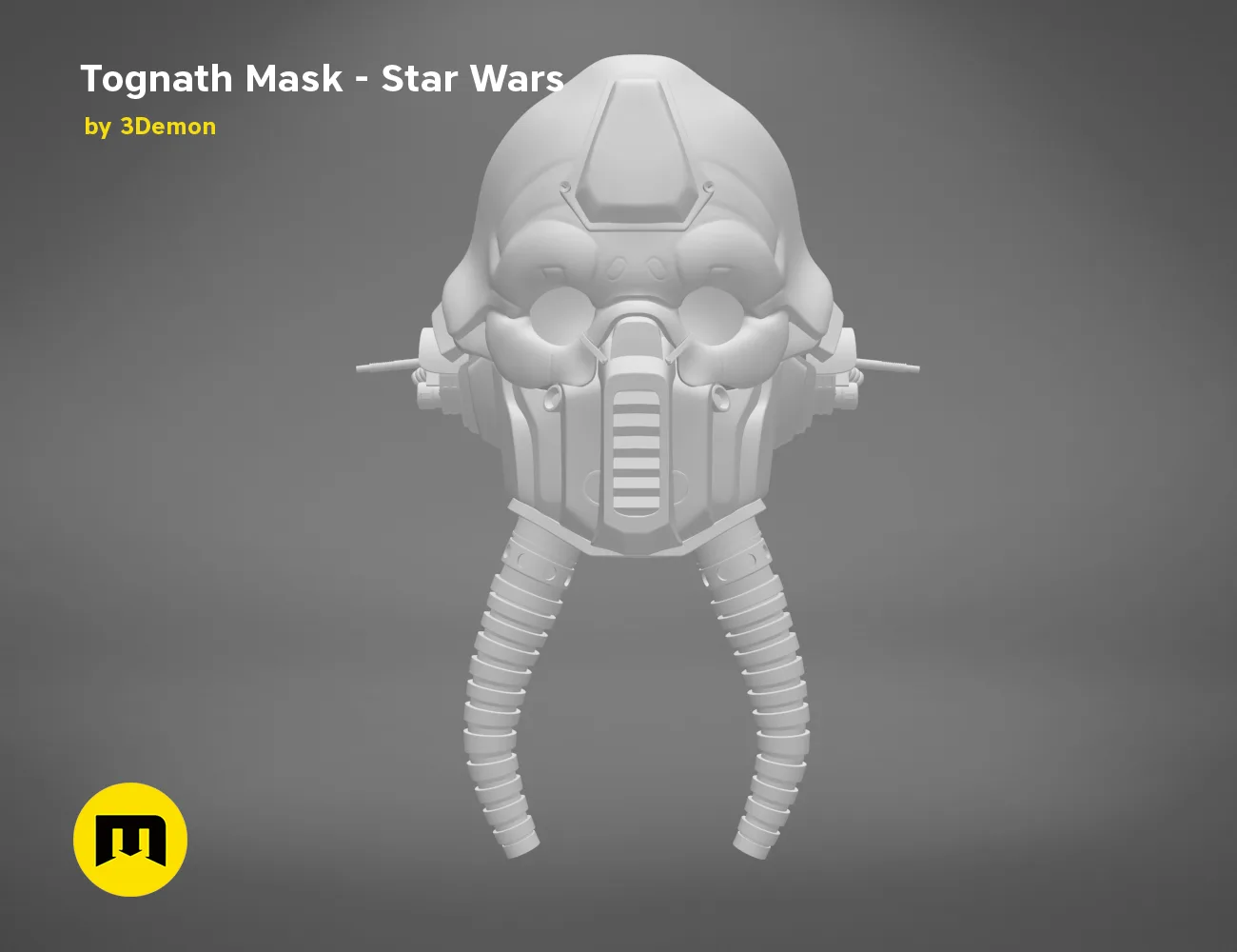 Painted 3D render of Tognath Mask - Star Wars, grey 3D print cosplay prop, front view