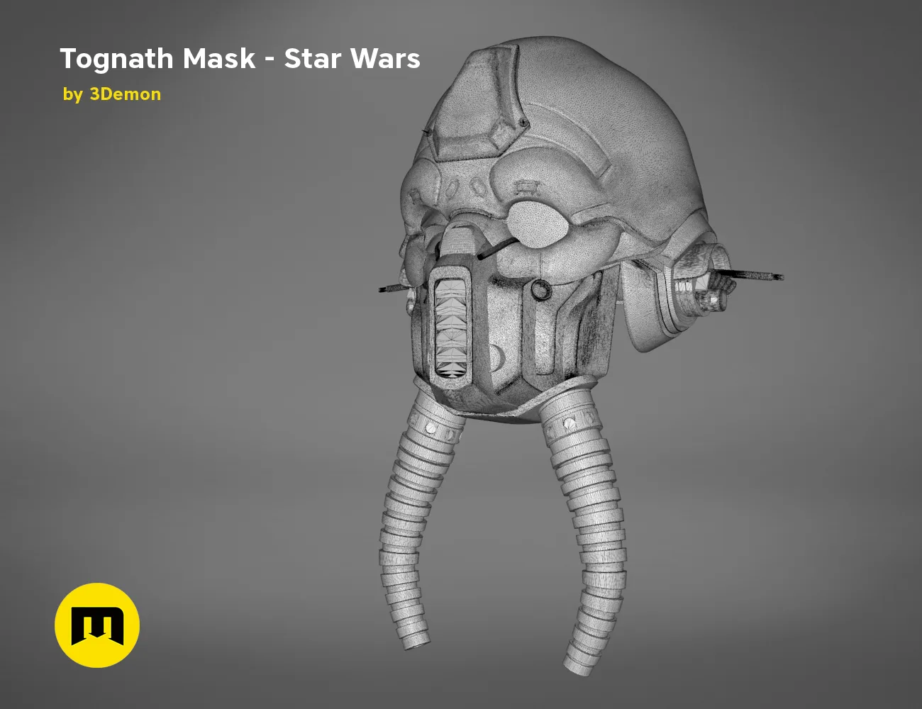 3D model render of Tognath Mask - Star Wars, rear view with breathing tubes, 3D print cosplay prop
