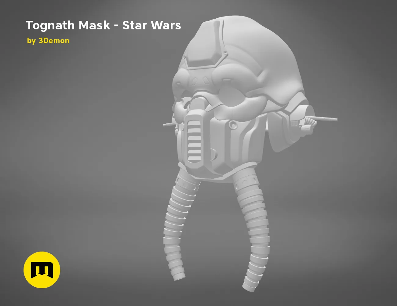 3D model render of Tognath Mask - Star Wars, grey 3D print cosplay prop, side view with breathing tube.