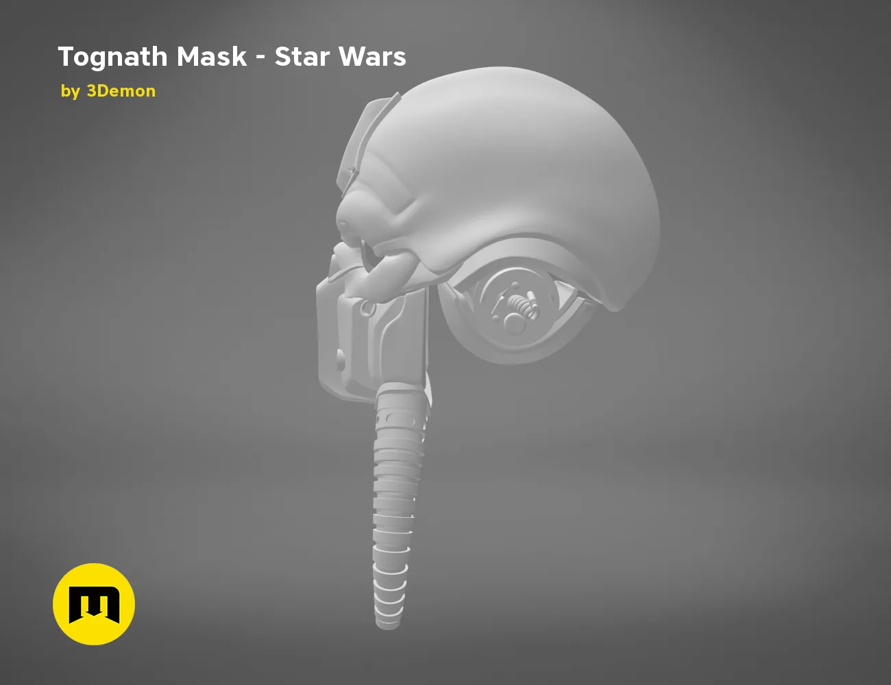3D print preview of Tognath Mask - Star Wars, grey 3D render cosplay prop, side view