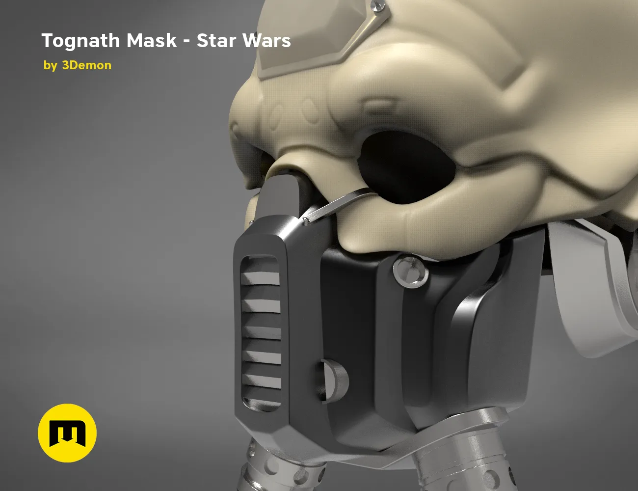 CGI render of Tognath Mask - Star Wars, detailed side view 3D print cosplay prop.