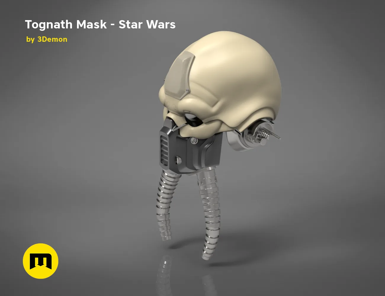 Digital 3D render of Tognath Mask - Star Wars, beige 3D print cosplay prop with mechanical legs.