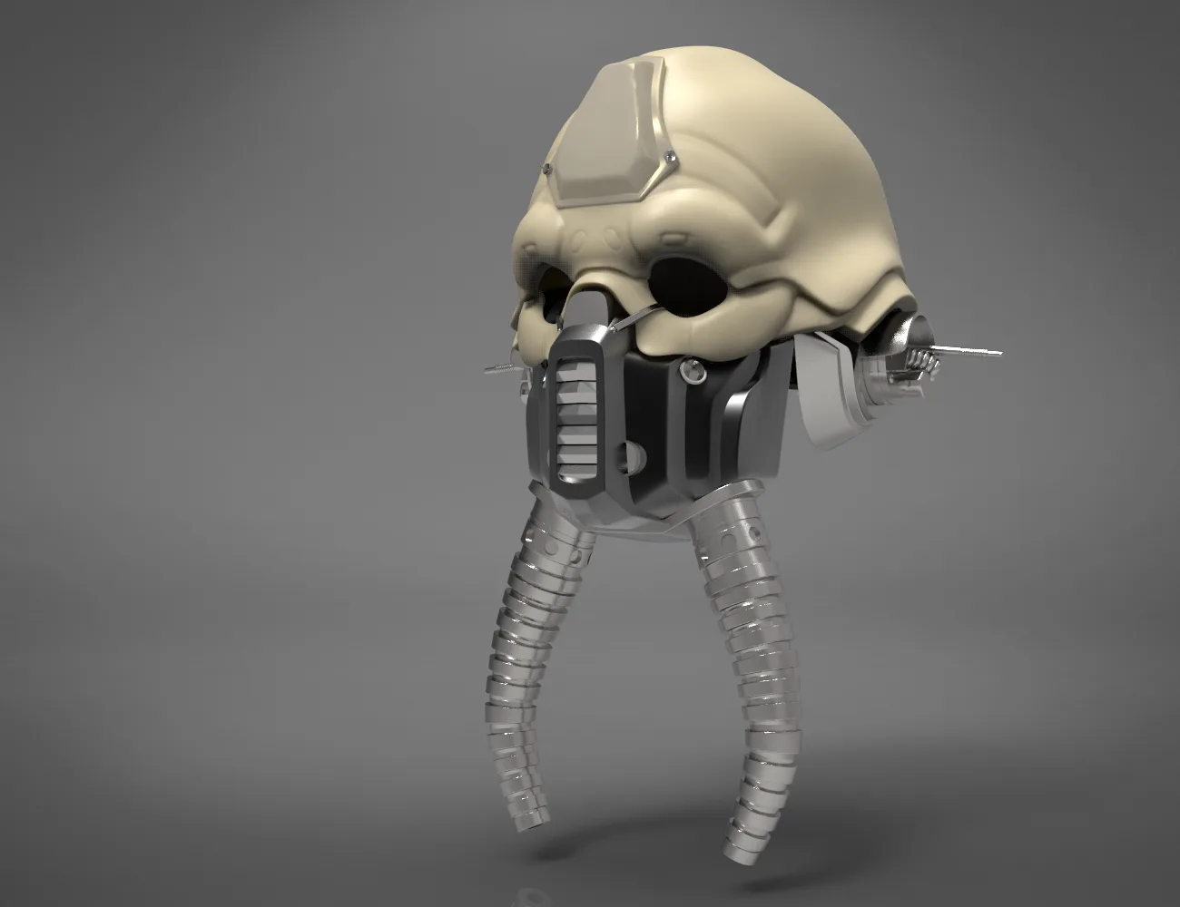 Digital 3D render of Tognath Mask - Star Wars, metallic jaw with coiled legs, 3D print cosplay prop.