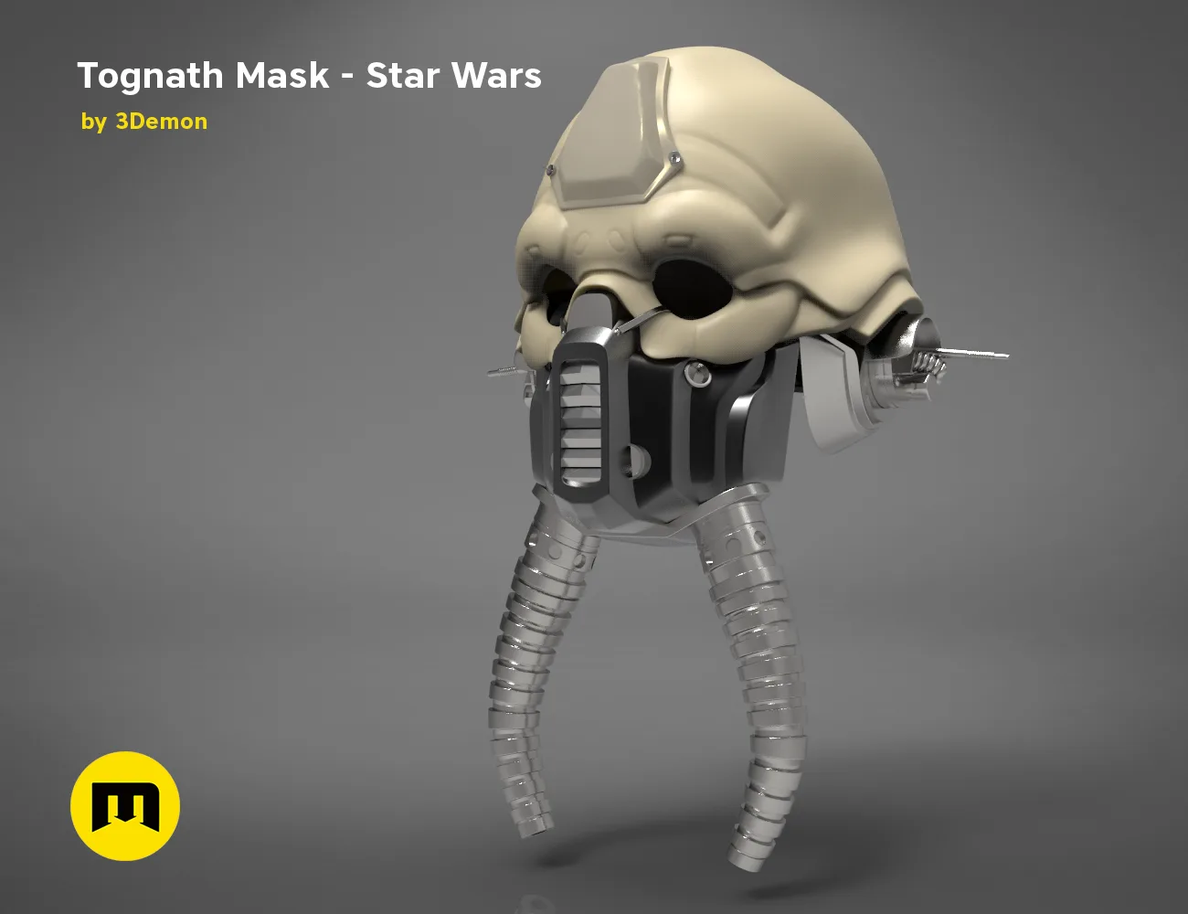 3D visualization of Tognath Mask - Star Wars, beige 3D print cosplay prop with breathing tube, side view