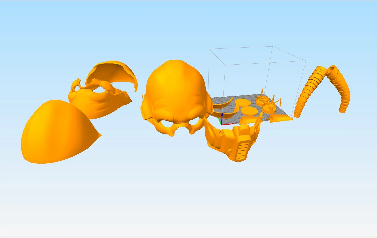 Color-coded parts breakdown of Tognath Mask - Star Wars STL, exploded jaw and helmet, 3D print cosplay prop