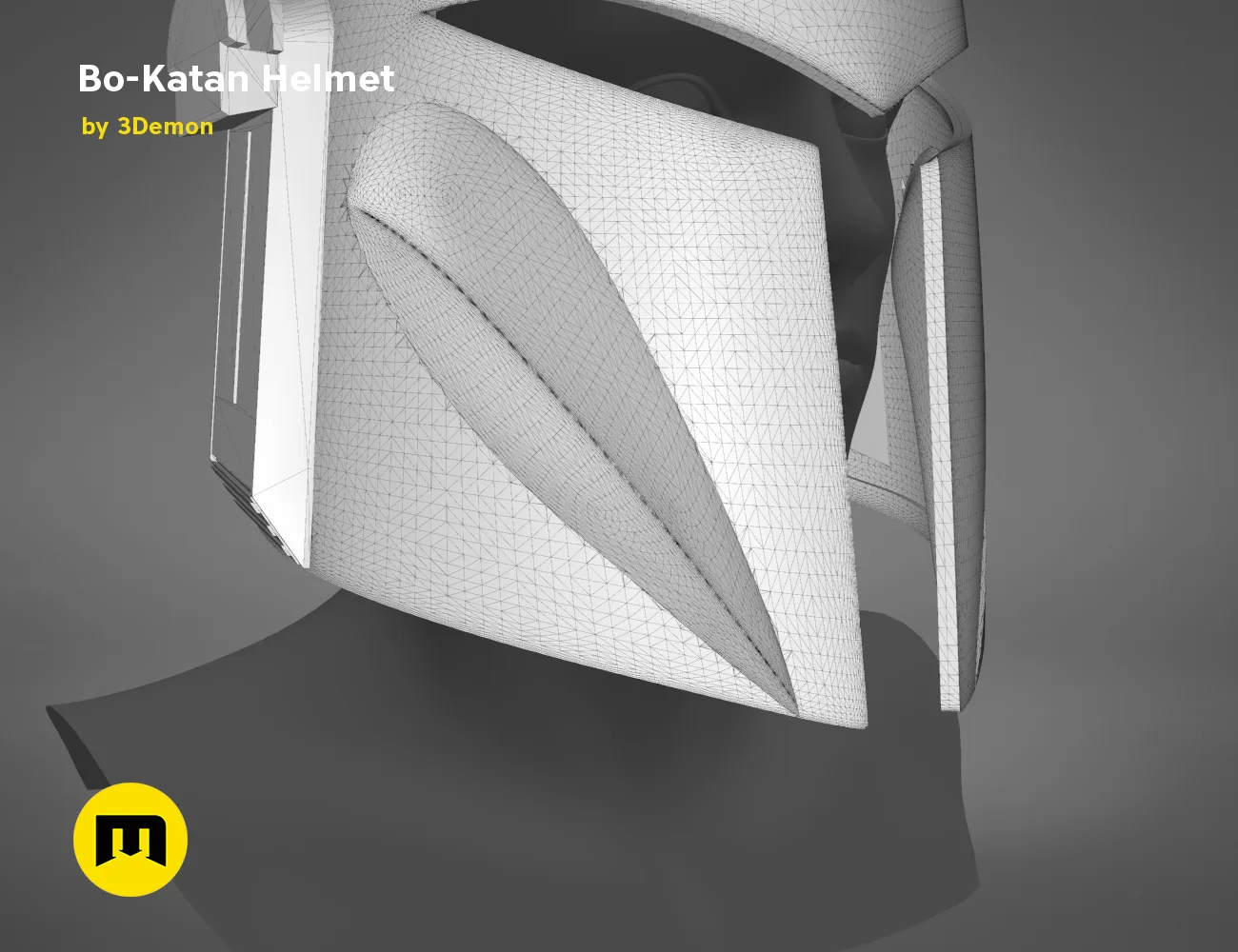 Wireframe mesh render of Bo-Katan Helmet - Star Wars, side polygon structure, 3D print cosplay prop