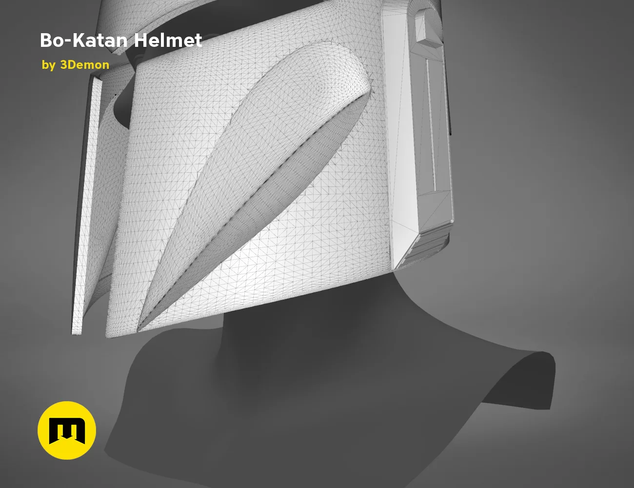 Wireframe mesh render of Bo-Katan Helmet - Starwars, angled mesh topology, 3D print cosplay prop