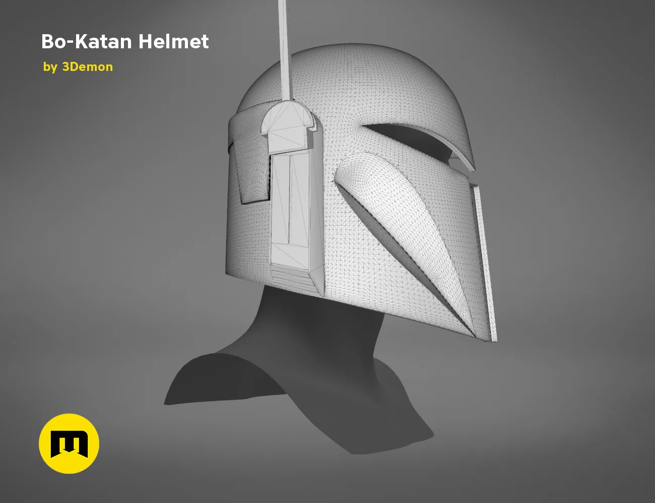 Wireframe mesh render of Bo-Katan Helmet - Starwars, grey mesh topology with faceplate detail, 3D print cosplay prop