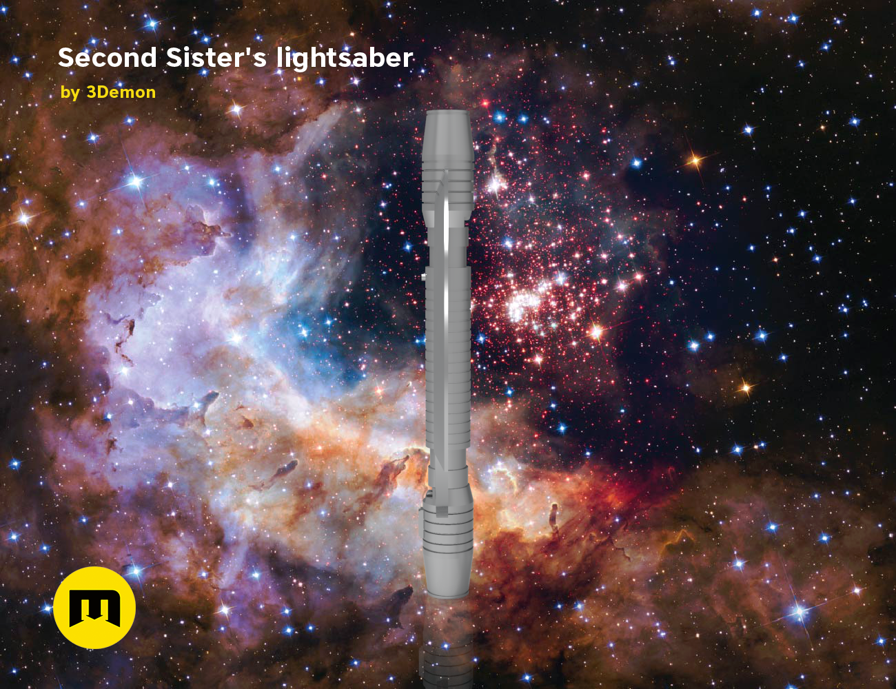 3D model render of Second Sister's lightsaber - Star Wars, cosmic nebula backdrop, 3D print cosplay prop.