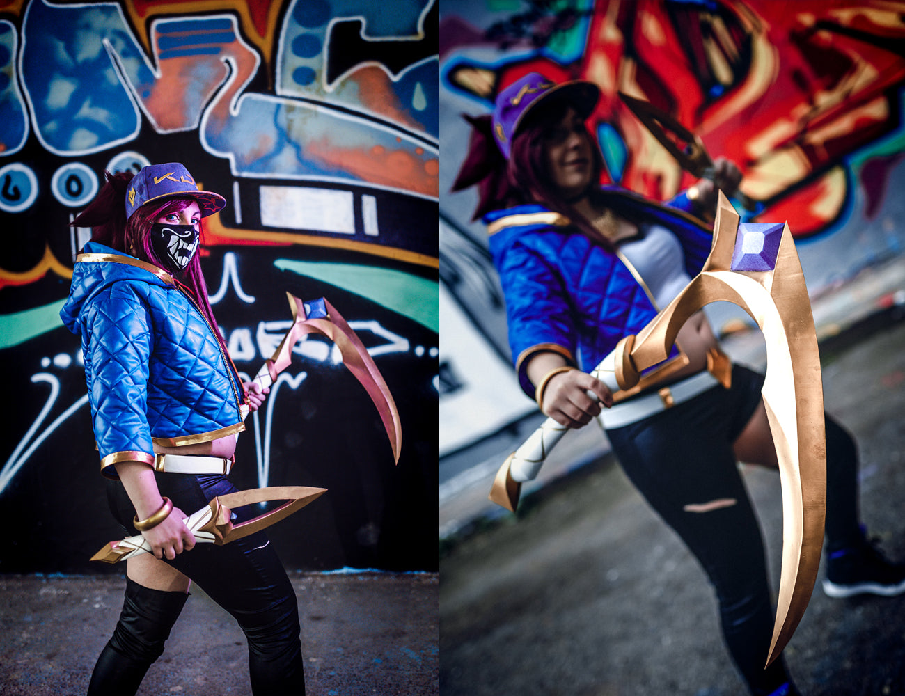 3D visualization of KDA Akali’s Weapons - League of Legends, cosplay prop dual-blade action pose.