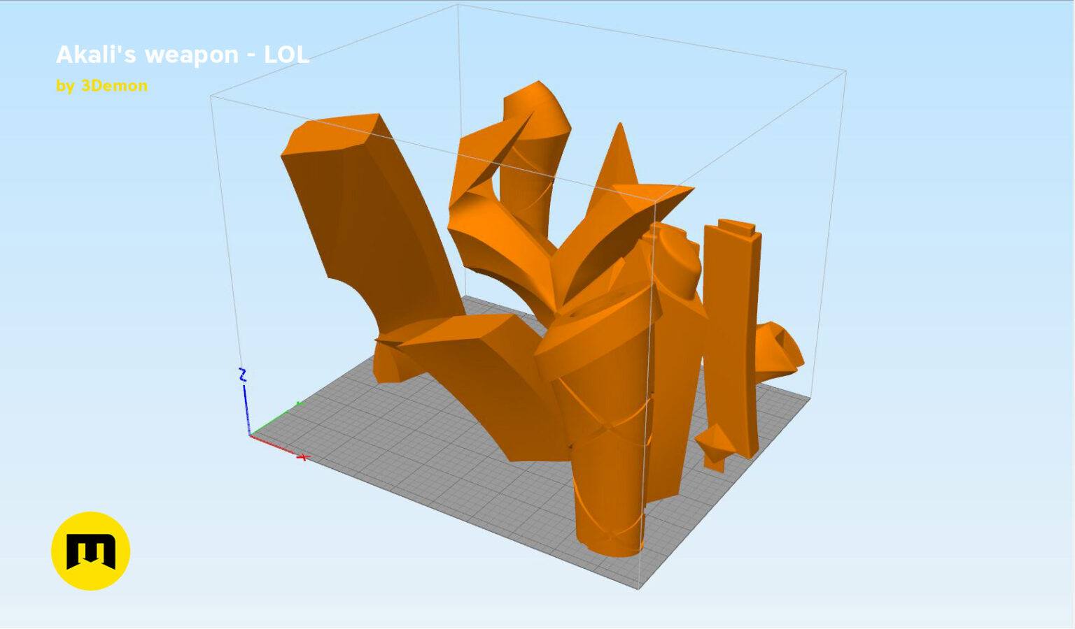 Slicer screenshot of KDA Akali’s Weapons STL, orange parts on grid bed, 3D print cosplay prop