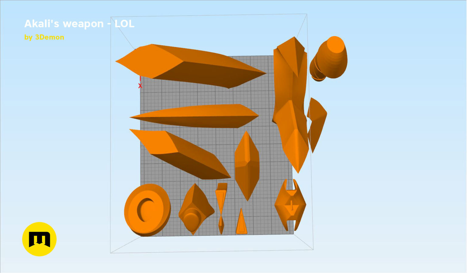 3D print preview of KDA Akali’s Weapons - League of Legends STL, exploded orange parts view