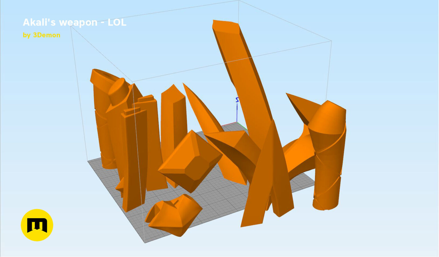 Color-coded parts breakdown of KDA Akali’s Weapons STL, exploded view 3D print cosplay prop