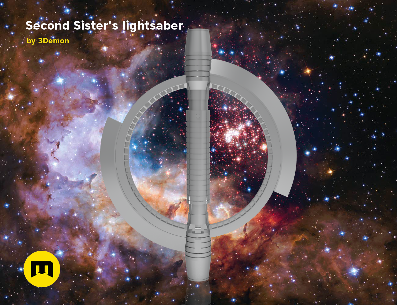 CAD render of Second Sister's lightsaber - Star Wars, cosmic nebula blade with metallic hilt, 3D print cosplay prop.