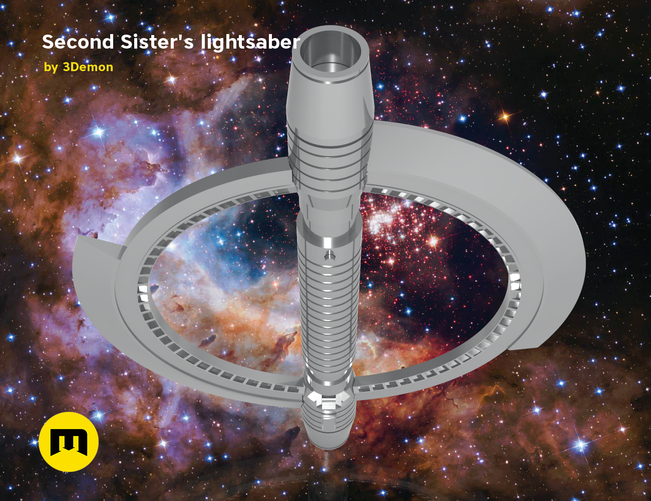 CGI render of Second Sister's lightsaber - Star Wars, glowing blade with space nebula reflection, 3D print cosplay prop