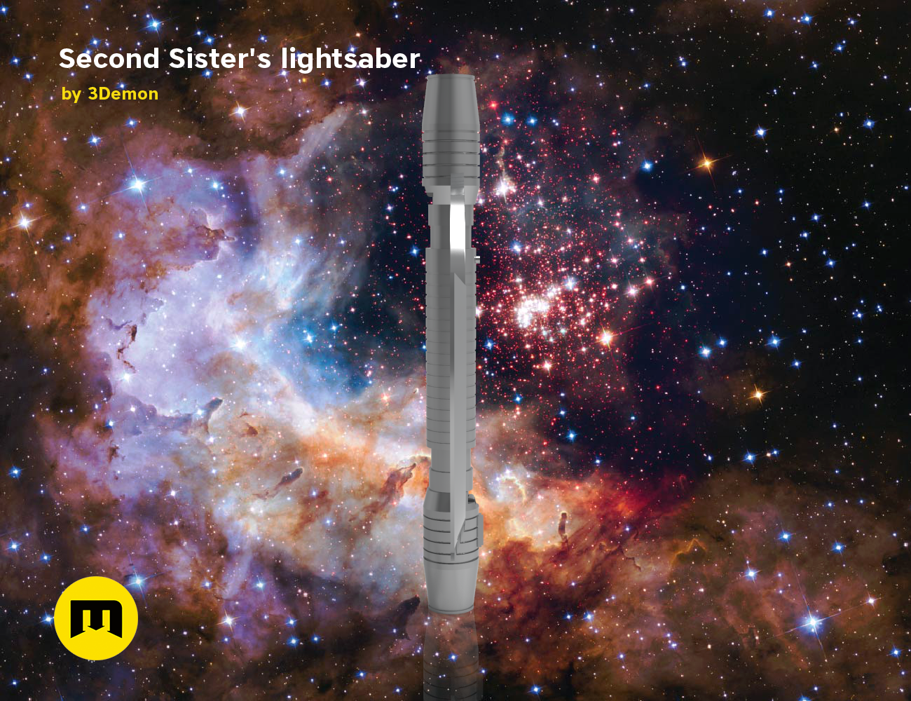 CGI render of Second Sister's lightsaber - Star Wars STL, cosmic nebula background 3D print cosplay prop