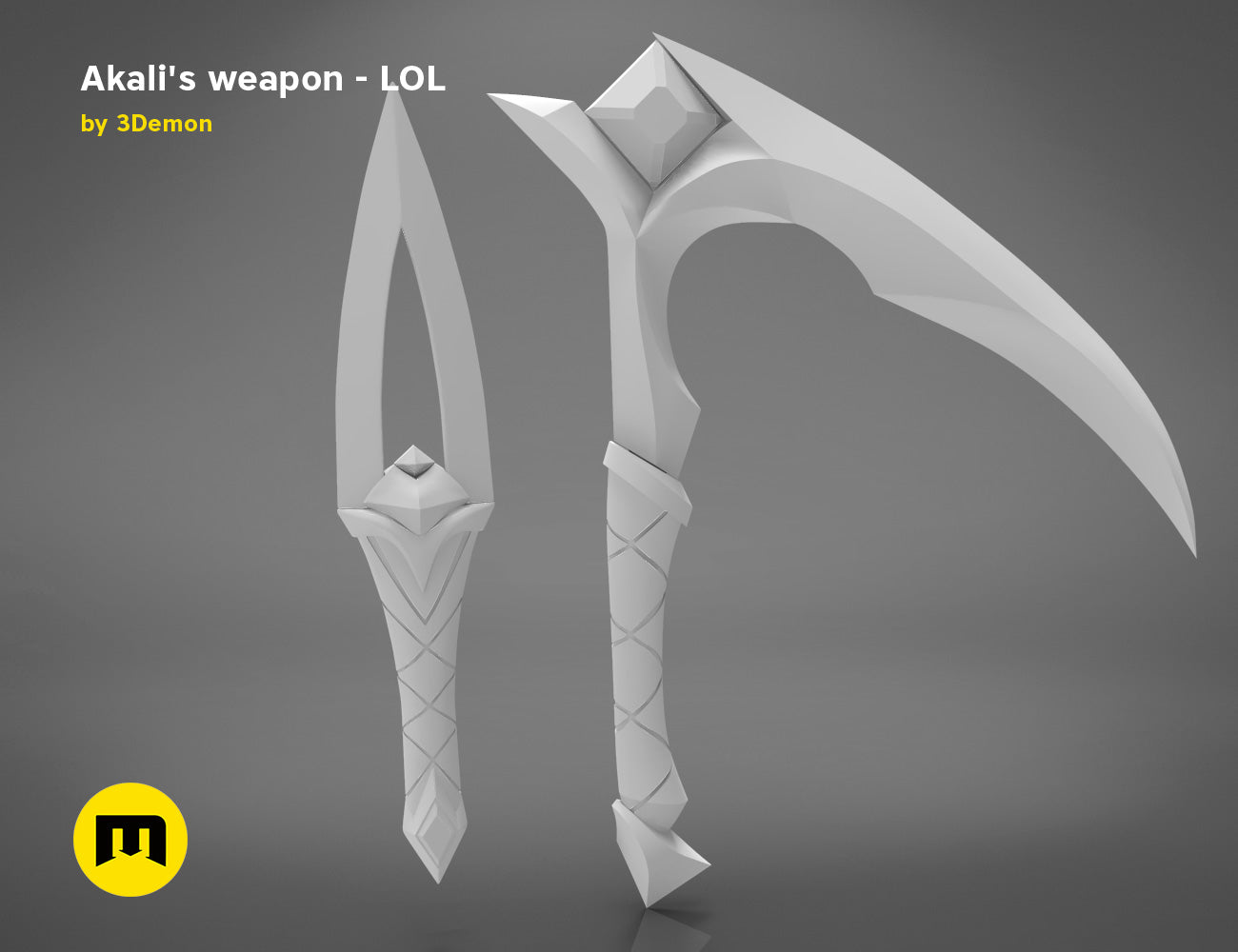 Digital 3D render of KDA Akali’s Weapons - League of Legends STL, dual curved blades cosplay prop.